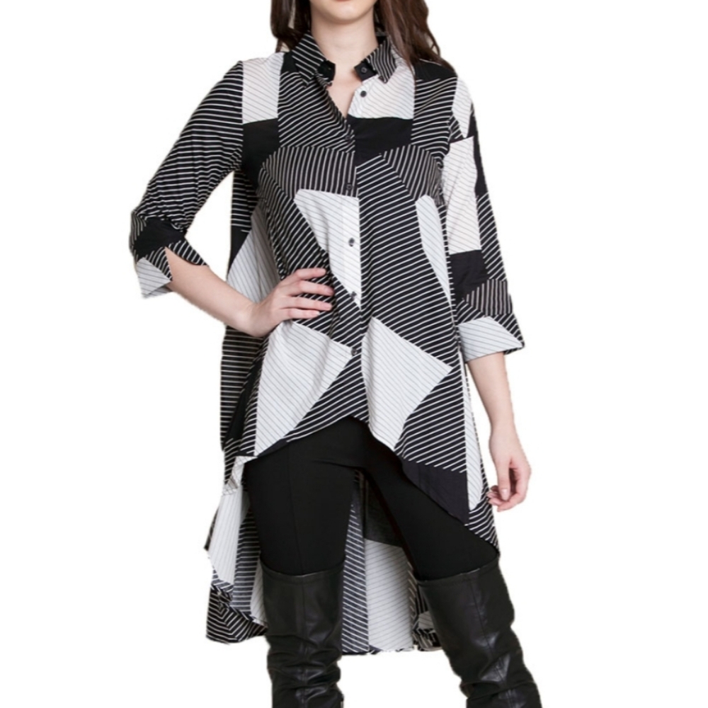 Lagenlook Patritzia Luca Italy Cotton Buttondown Geometric Striped Colorblock To